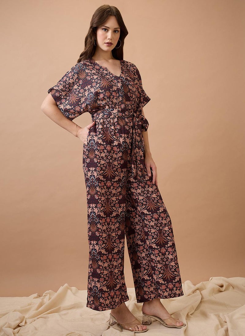 Globus Women Floral Print With V Cut Kimono Sleeves Waist Tie-Up Longline Fusion Jumpsuit - Image 3